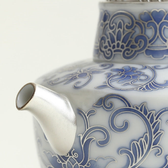 Moonlit Lotus | Handcrafted Pure Silver-Detailed Ceramic Side-Handle Teapot