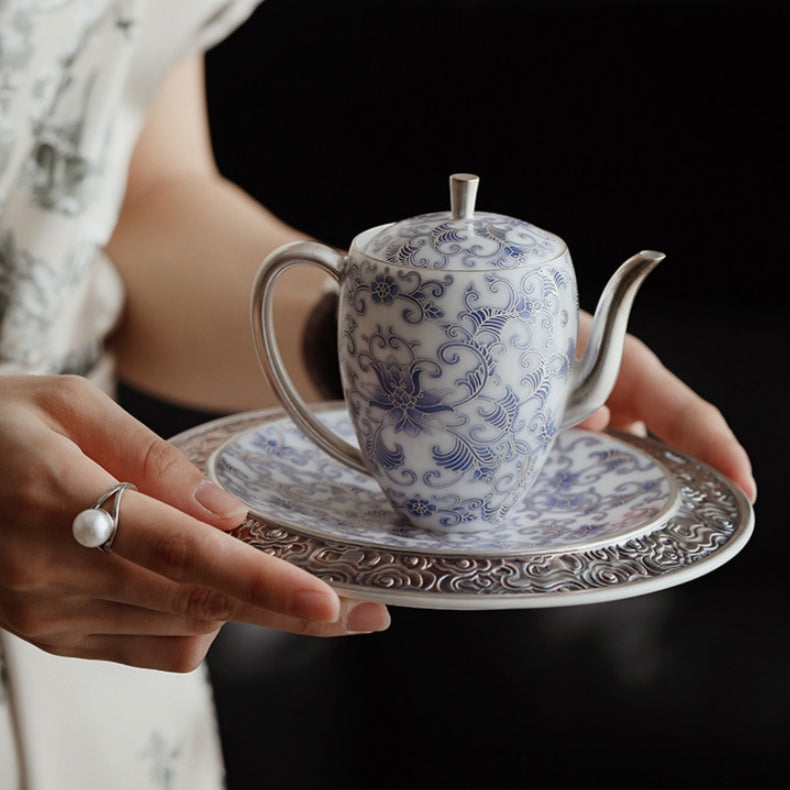 Moonlit Lotus | Handcrafted Pure Silver-Detailed Ceramic Meiren Teapot Set