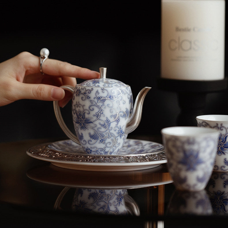 Moonlit Lotus | Handcrafted Pure Silver-Detailed Ceramic Meiren Teapot Set
