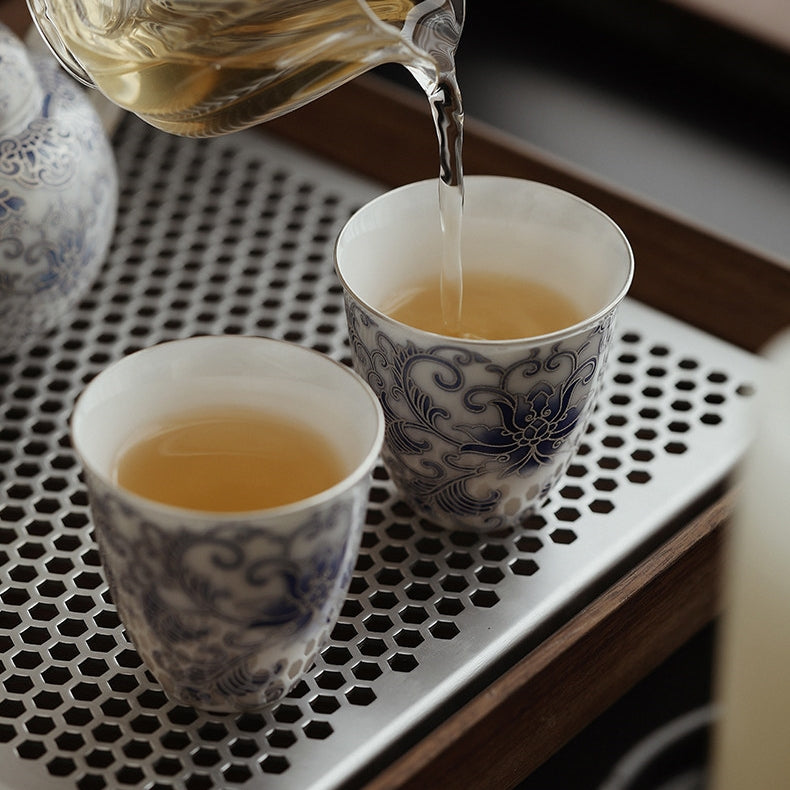 Moonlit Lotus | Handcrafted Pure Silver-Detailed Ceramic Teacup Pair