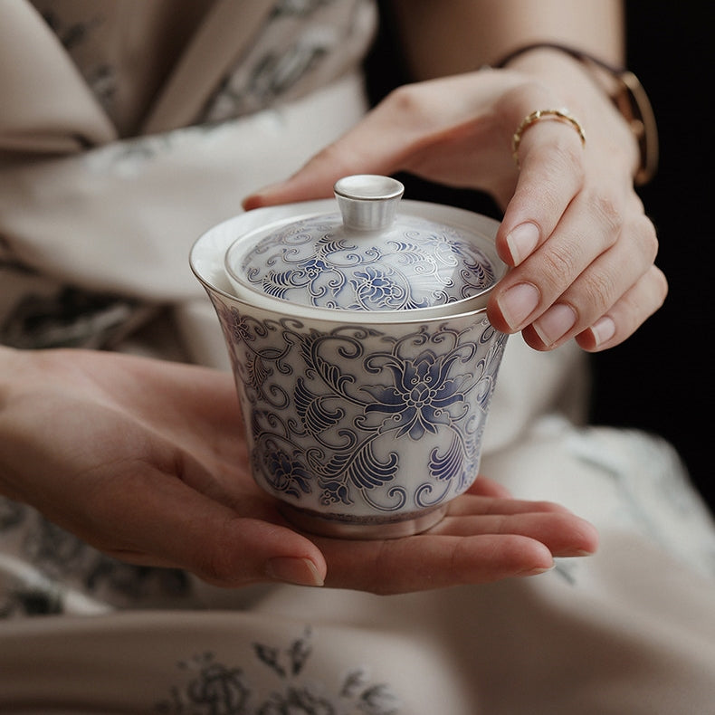 Moonlit Lotus | Handcrafted Pure Silver-Detailed Ceramic Travel Gaiwan Set
