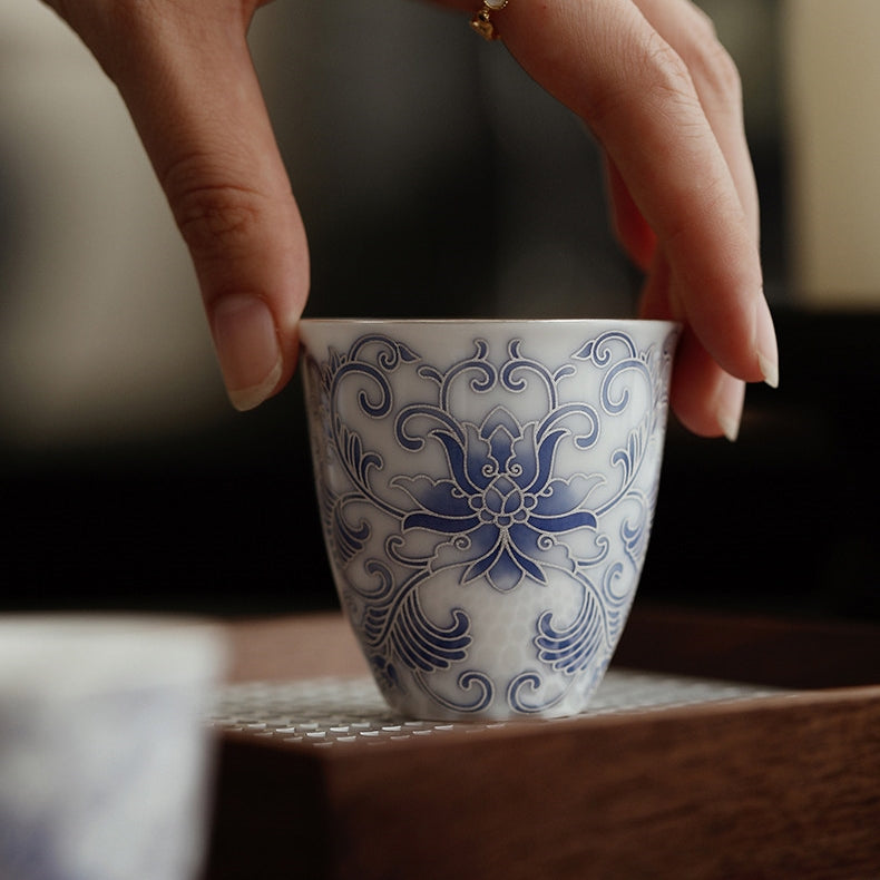 Moonlit Lotus | Handcrafted Pure Silver-Detailed Ceramic Teacup Pair