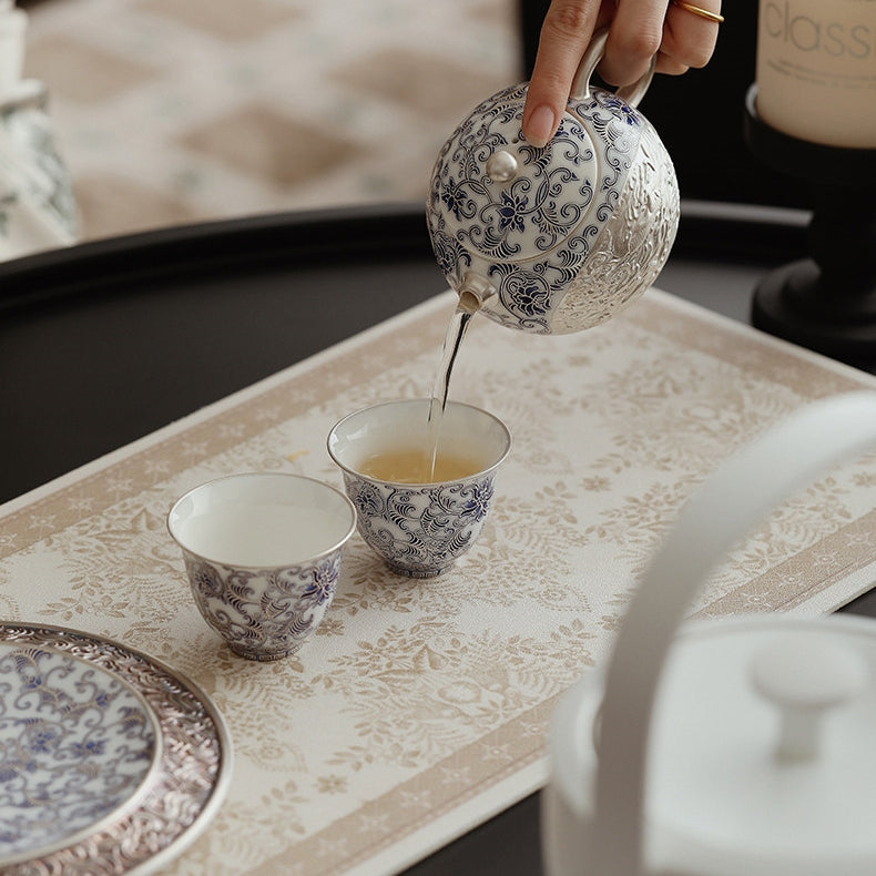 Moonlit Lotus | Handcrafted Pure Silver-Detailed Ceramic Travel Tea Set