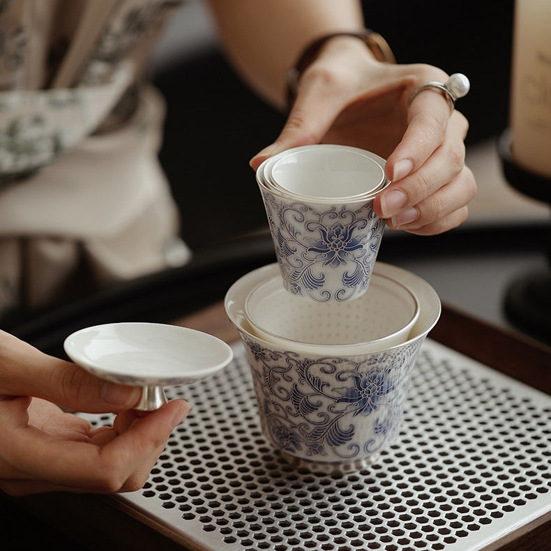 Moonlit Lotus | Handcrafted Pure Silver-Detailed Ceramic Travel Gaiwan Set