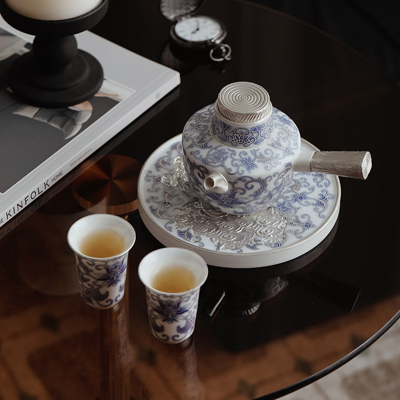 Moonlit Lotus | Handcrafted Pure Silver-Detailed Ceramic Side-Handle Teapot