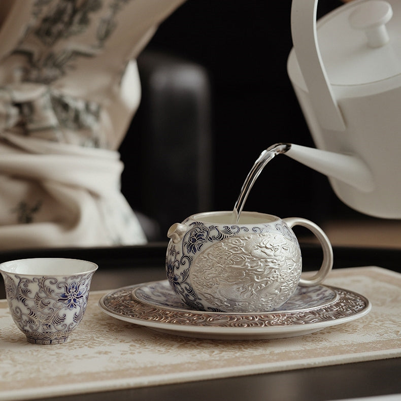 Moonlit Lotus | Handcrafted Pure Silver-Detailed Ceramic Travel Tea Set