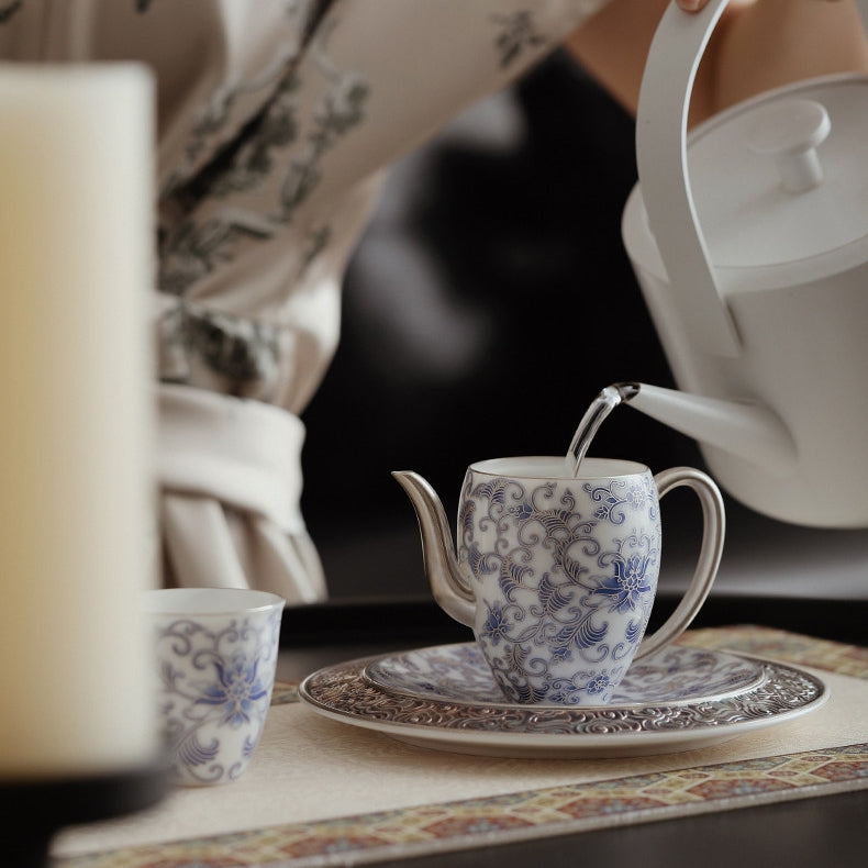 Moonlit Lotus | Handcrafted Pure Silver-Detailed Ceramic Meiren Teapot Set