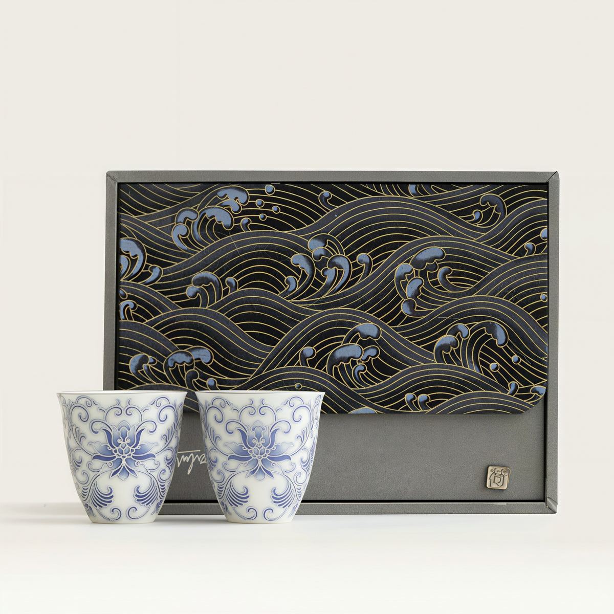 Moonlit Lotus | Handcrafted Pure Silver-Detailed Ceramic Teacup Pair
