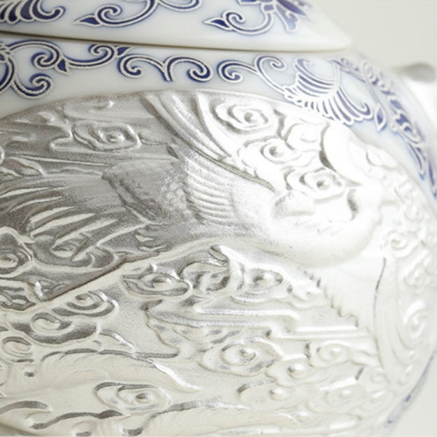 Moonlit Lotus | Handcrafted Pure Silver-Detailed Ceramic Travel Tea Set