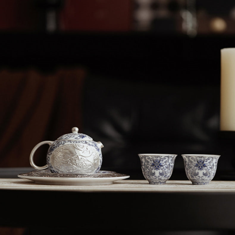 Moonlit Lotus | Handcrafted Pure Silver-Detailed Ceramic Travel Tea Set