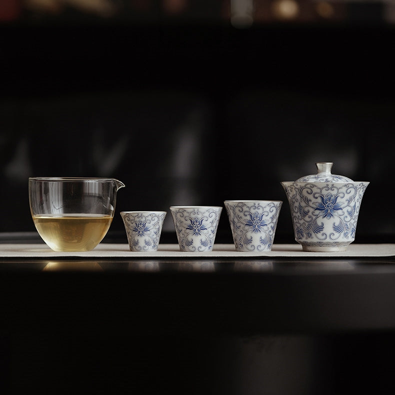 Moonlit Lotus | Handcrafted Pure Silver-Detailed Ceramic Travel Gaiwan Set