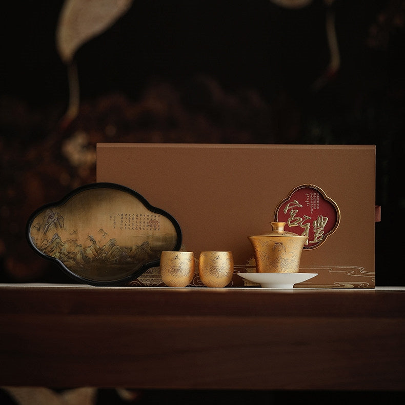 Auspicious Crane | Handcrafted Gold-Gilded Relief Ceramic Gaiwan Set