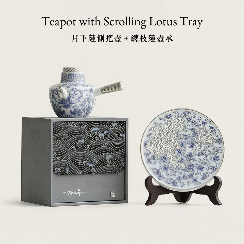 Moonlit Lotus | Handcrafted Pure Silver-Detailed Ceramic Side-Handle Teapot