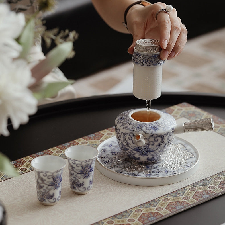 Moonlit Lotus | Handcrafted Pure Silver-Detailed Ceramic Side-Handle Teapot