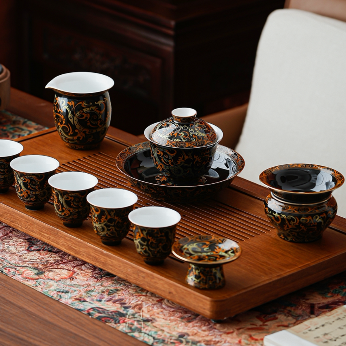 Warring States Dragon | Handcrafted Gilded Relief Ceramic Tea Set
