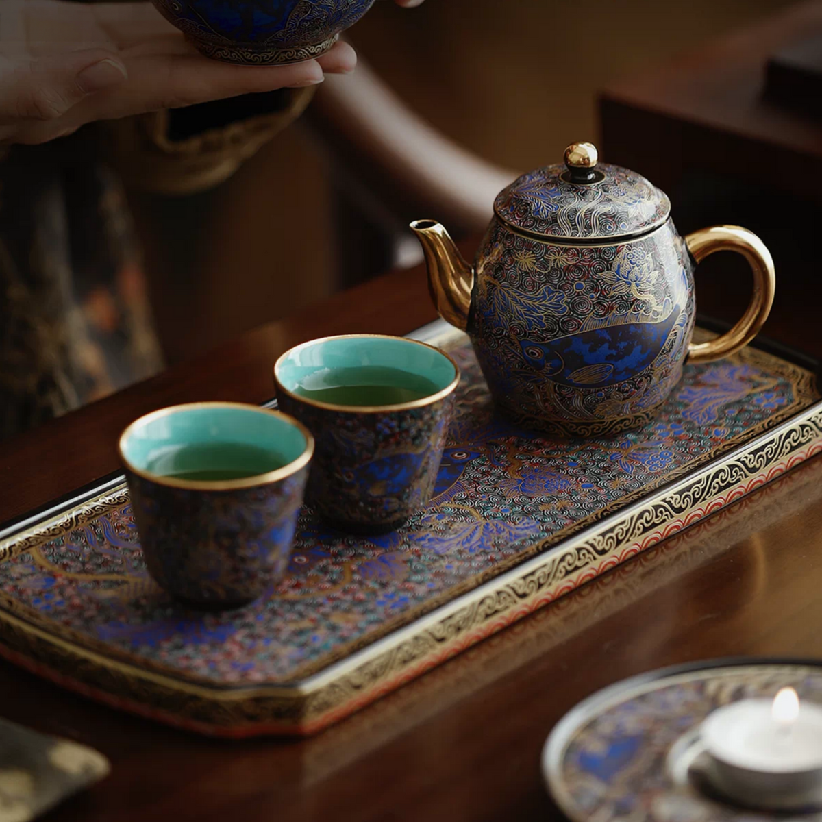 Auspicious Carp | Handcrafted Enamelled Ceramic Tea Tray With Gold Detailing