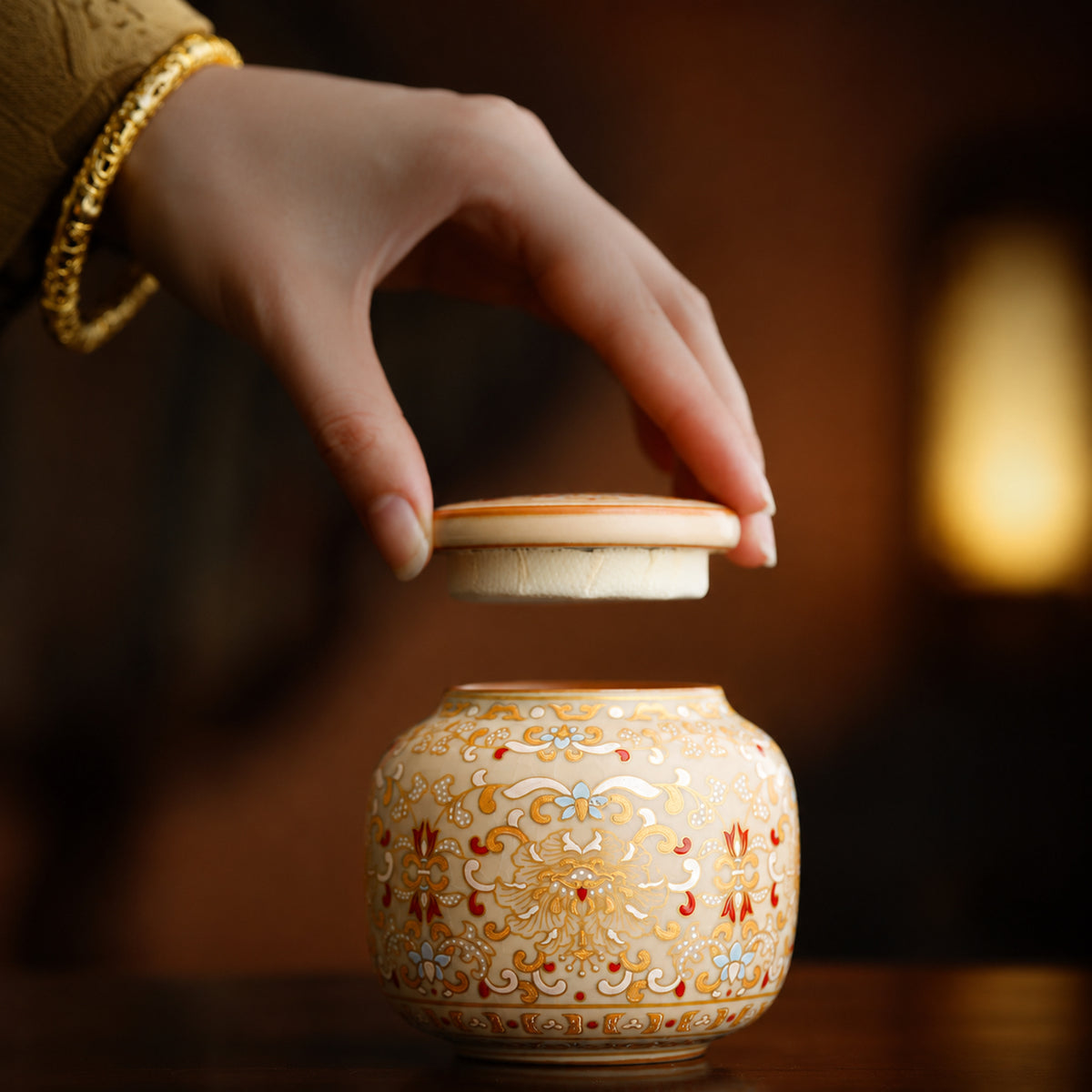 Tang Splendour | Handcrafted Ru Ware Tea Canister With Gold & Silver Inlay