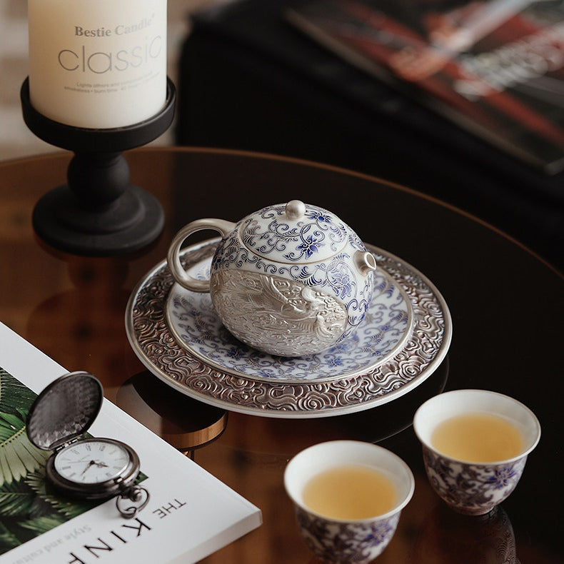 Moonlit Lotus | Handcrafted Pure Silver-Detailed Ceramic Travel Tea Set