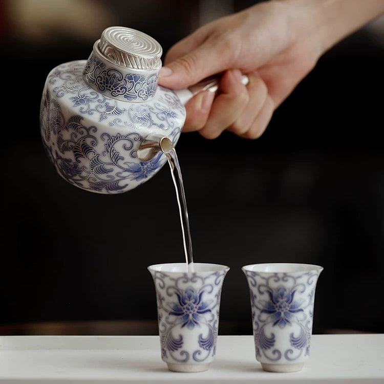 Moonlit Lotus | Handcrafted Pure Silver-Detailed Ceramic Side-Handle Teapot