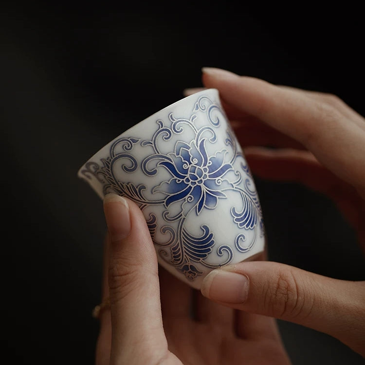 Moonlit Lotus | Handcrafted Pure Silver-Detailed Ceramic Teacup Pair