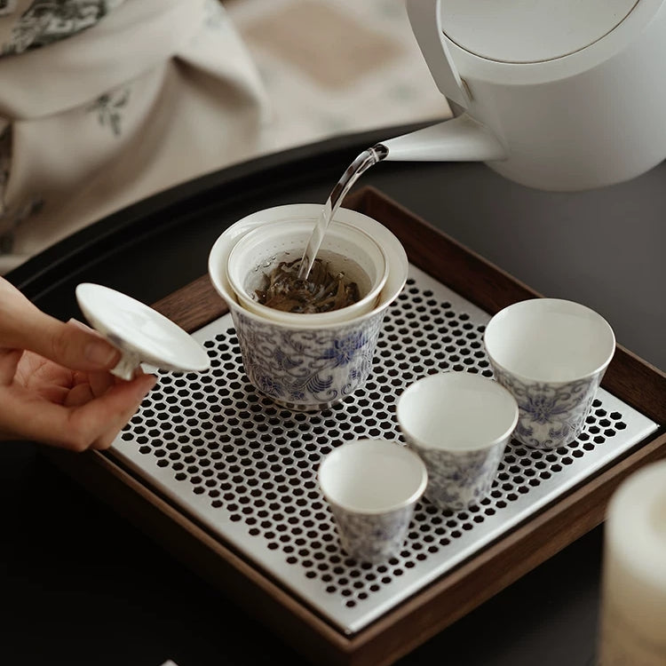 Moonlit Lotus | Handcrafted Pure Silver-Detailed Ceramic Travel Gaiwan Set