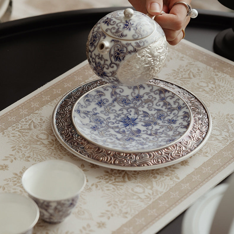 Moonlit Lotus | Handcrafted Pure Silver-Detailed Ceramic Travel Tea Set