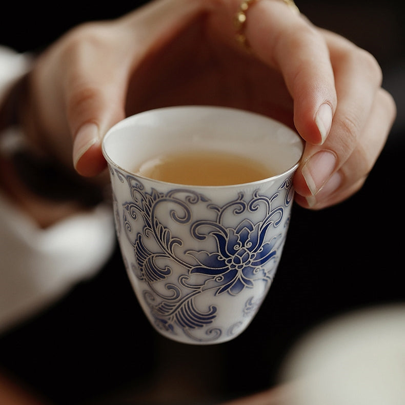 Moonlit Lotus | Handcrafted Pure Silver-Detailed Ceramic Teacup Pair