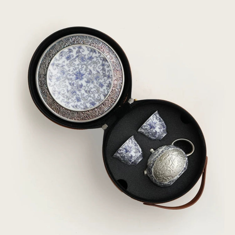 Moonlit Lotus | Handcrafted Pure Silver-Detailed Ceramic Travel Tea Set