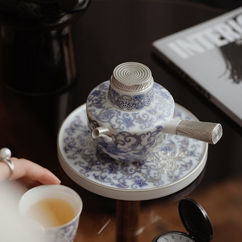 Moonlit Lotus | Handcrafted Pure Silver-Detailed Ceramic Side-Handle Teapot