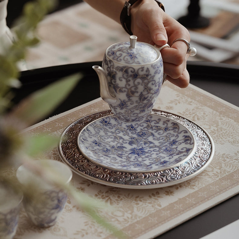 Moonlit Lotus | Handcrafted Pure Silver-Detailed Ceramic Meiren Teapot Set