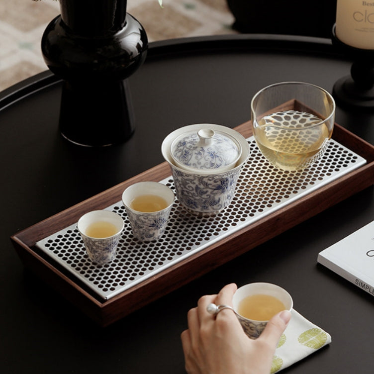 Moonlit Lotus | Handcrafted Pure Silver-Detailed Ceramic Travel Gaiwan Set