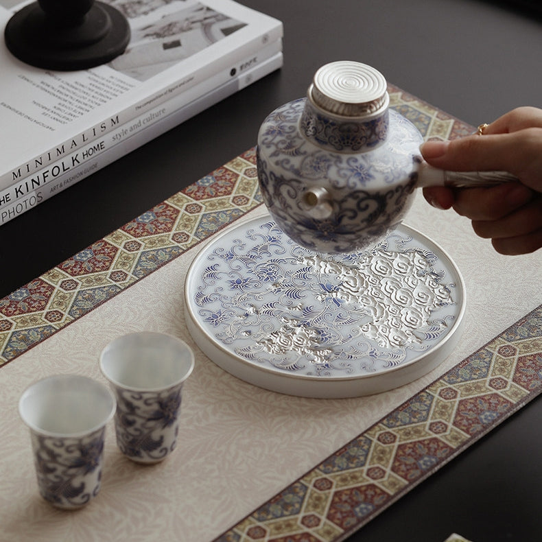Moonlit Lotus | Handcrafted Pure Silver-Detailed Ceramic Side-Handle Teapot