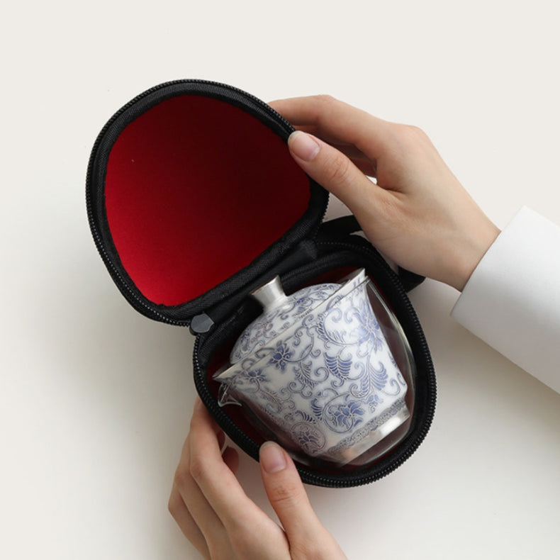 Moonlit Lotus | Handcrafted Pure Silver-Detailed Ceramic Travel Gaiwan Set