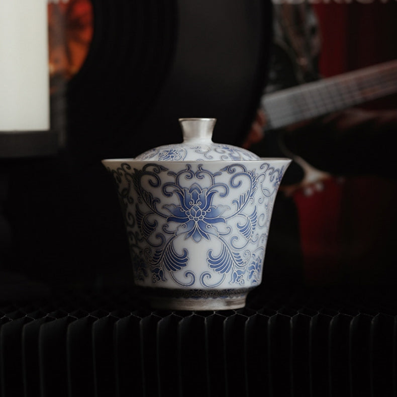 Moonlit Lotus | Handcrafted Pure Silver-Detailed Ceramic Travel Gaiwan Set