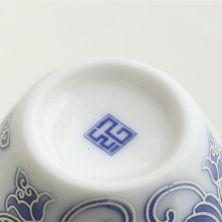 Moonlit Lotus | Handcrafted Pure Silver-Detailed Ceramic Teacup Pair