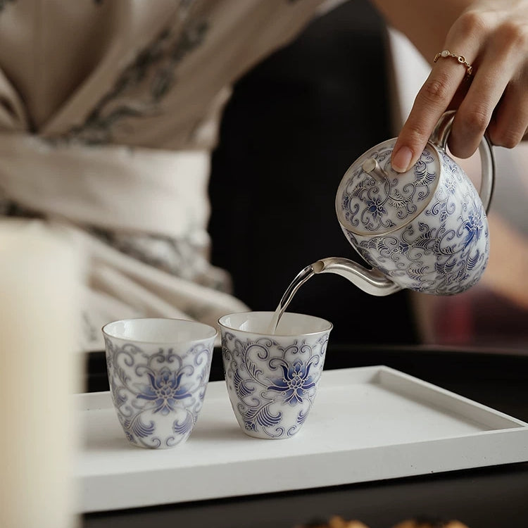 Moonlit Lotus | Handcrafted Pure Silver-Detailed Ceramic Meiren Teapot Set
