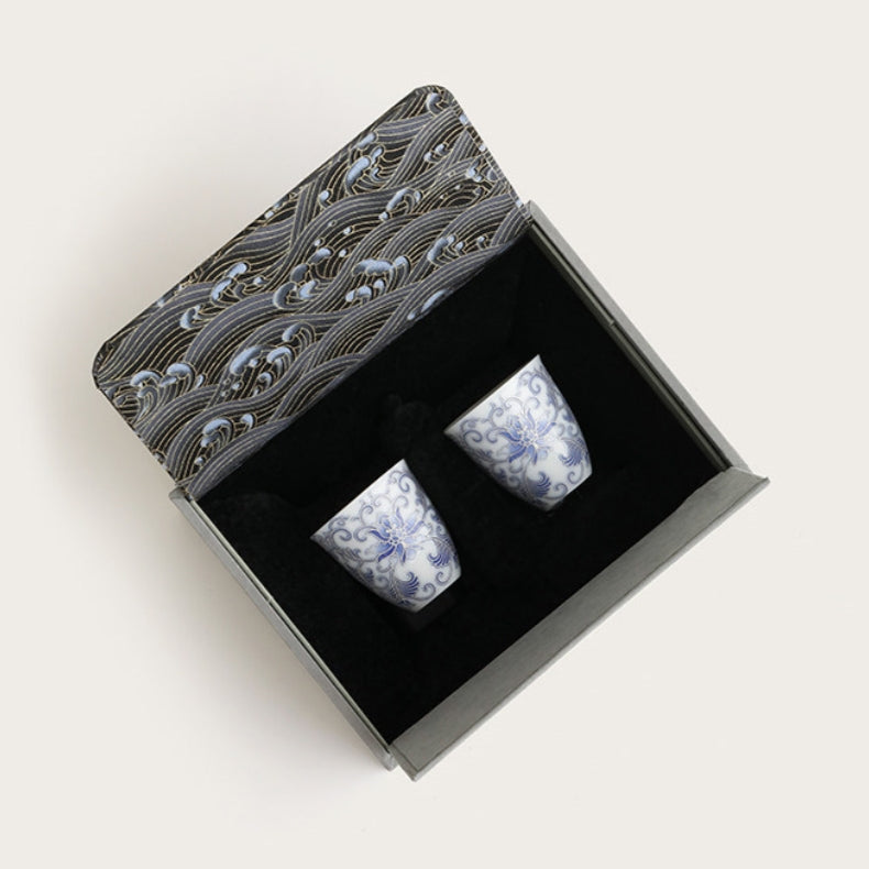 Moonlit Lotus | Handcrafted Pure Silver-Detailed Ceramic Teacup Pair